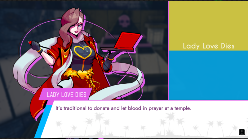 Lady Love Dies dressed in a red, black, and yellow dress holding a book in her left hand and saying "it's traditional to donate and let blood in prayer at a temple."