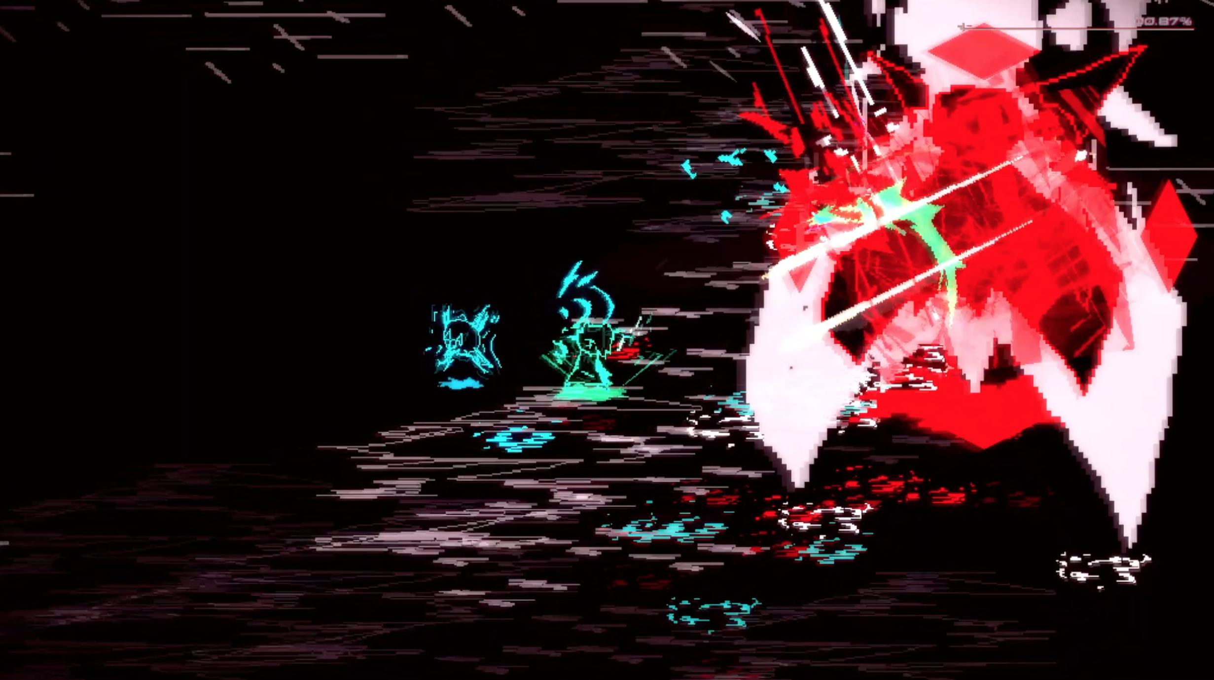 Lucah fighting through enemies, with a huge red splatter on the right side of the screen