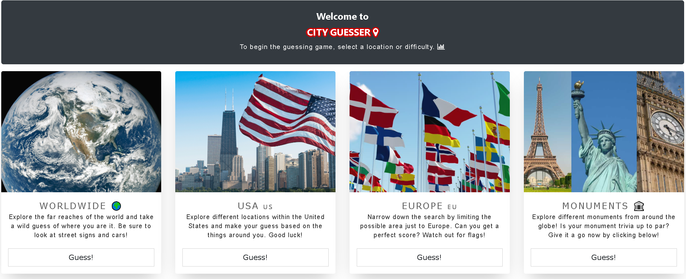 The City Guesser homepage. To play it asks you to choose a location and difficulty. The visible options are worldwide, USA, Europe, and monuments.
