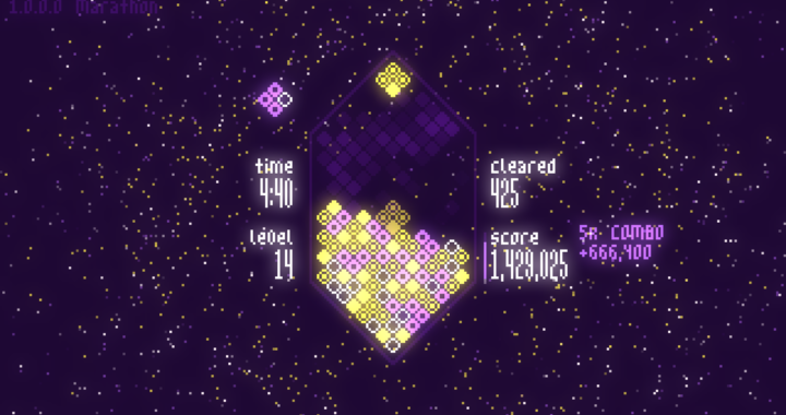 Mixolumia screen where the blocks are purple and yellow. The player is on level 14.