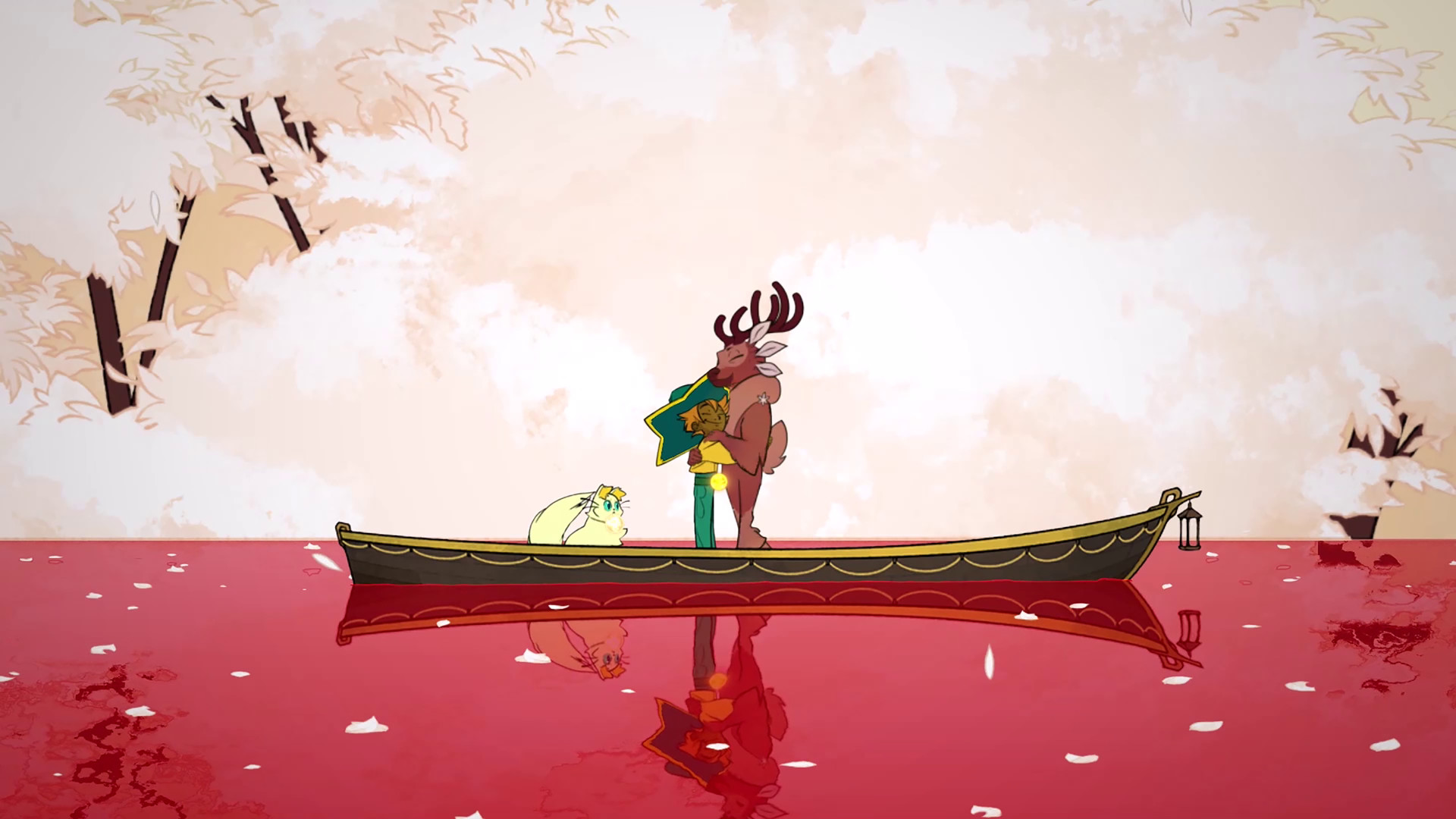 Stella and an anthropomorphic deer character hugging in a row boat sitting on reddish water.