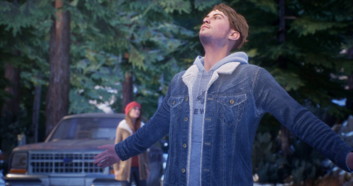 Tyler, a young white man with light brown hair in a hoodie and jean jacket staring up at the sky with his arms spread open. His sister is behind him in the woods standing next to a truck.