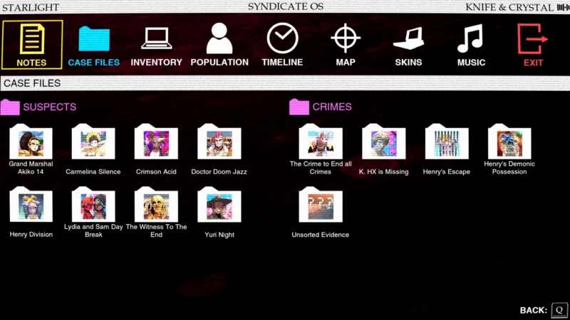 A screenshot of Starlight, the game's journal. It shows Lady Love Dies' case and suspect notes, including all the current mysteries she is working on.