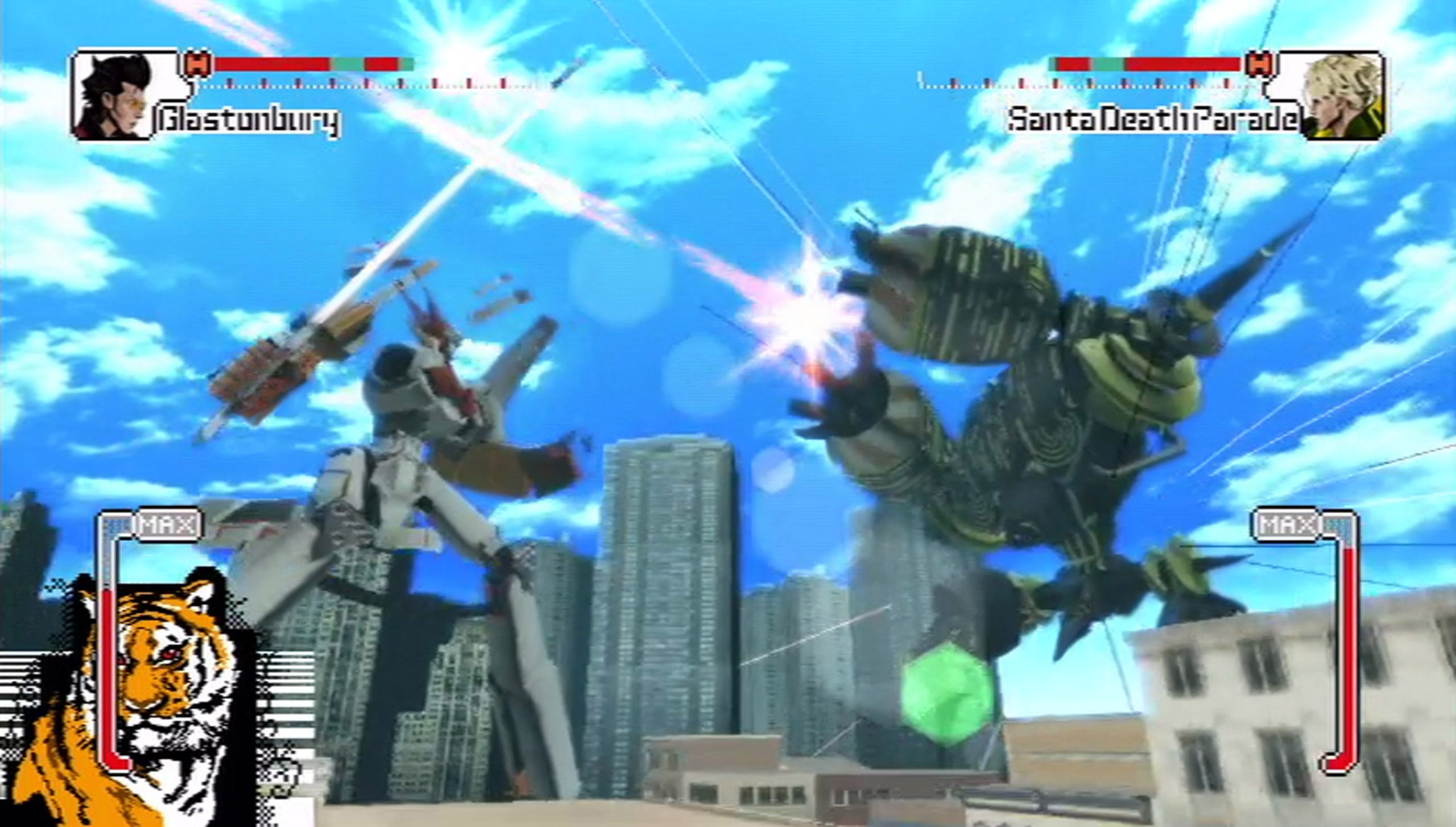 A giant mech piloted by Travis battling an enemy mech in front of a city scape. There's an energy meter with a tiger on the left side of the screen.