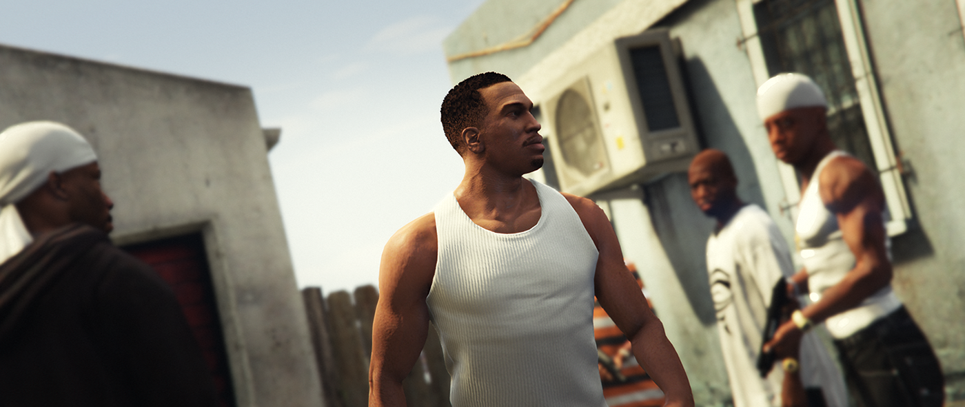 Carl Johnson, a muscular black man with close cropped hair. He's wearing black aviator sunglasses and a white tank top