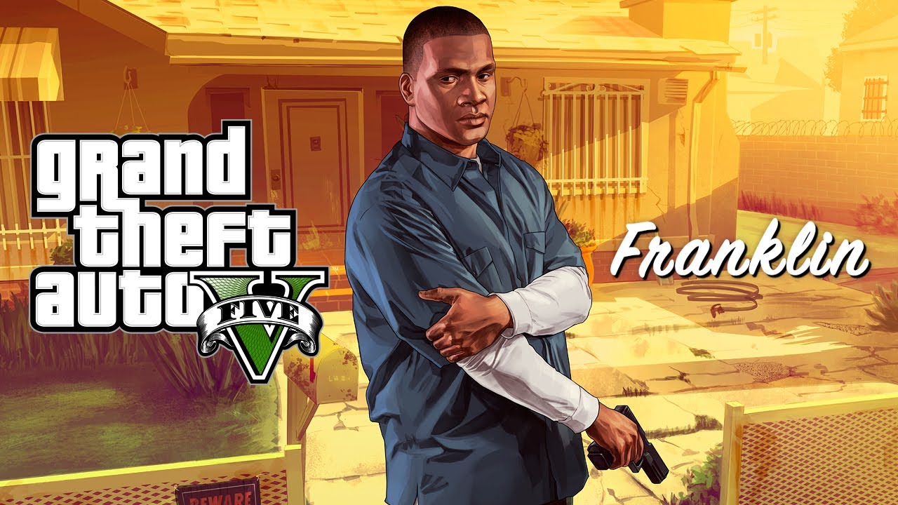 Promo art for Franklin where he's standing with his left arm crossed over his right. He's holding a pistol in his right hand. He's wearing a baggy blue shirt over a white long sleeve shirt. The GTA logo is to his left and his name is written to his right.