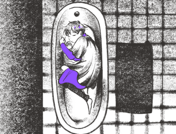 A child lying in a bathtub on their side. The whole room is black and white except for splashes of purple on the child's arm's and leg