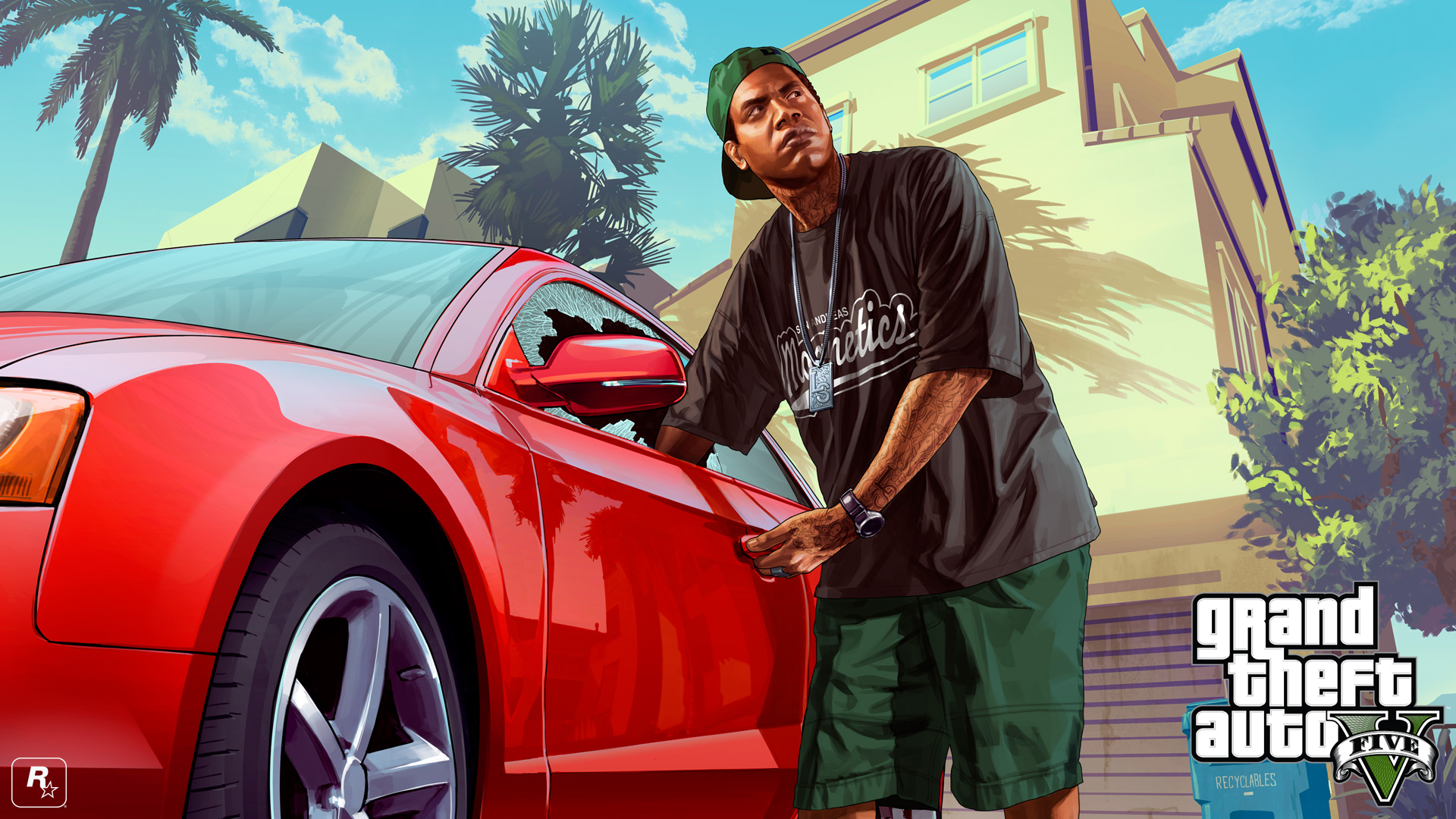 Lamar in a black shirt and green shorts breaking into a red sports car by breaking the window.