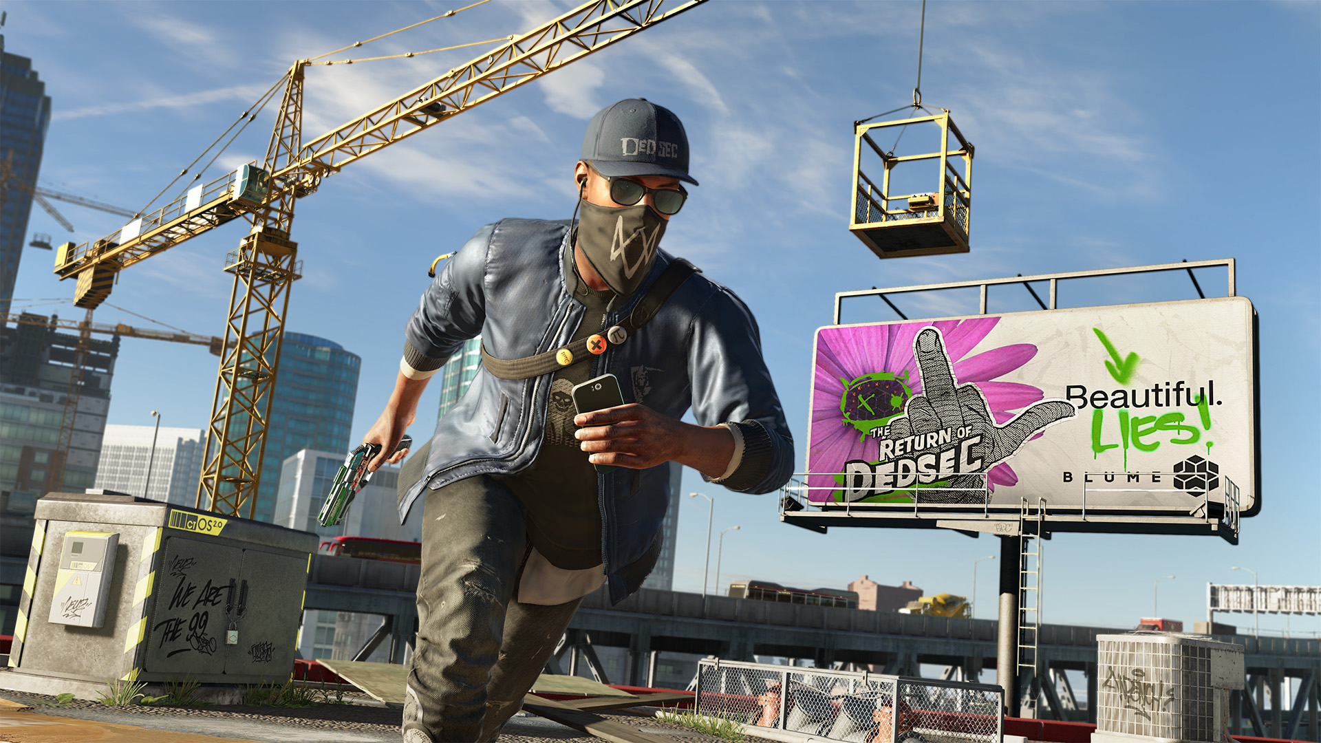 Marcus running through a construction site. He's wearing a navy cap, navy jacket, black pants, black sunglasses, and black face mask. The billboard behind him is graffited with pink and green paint.