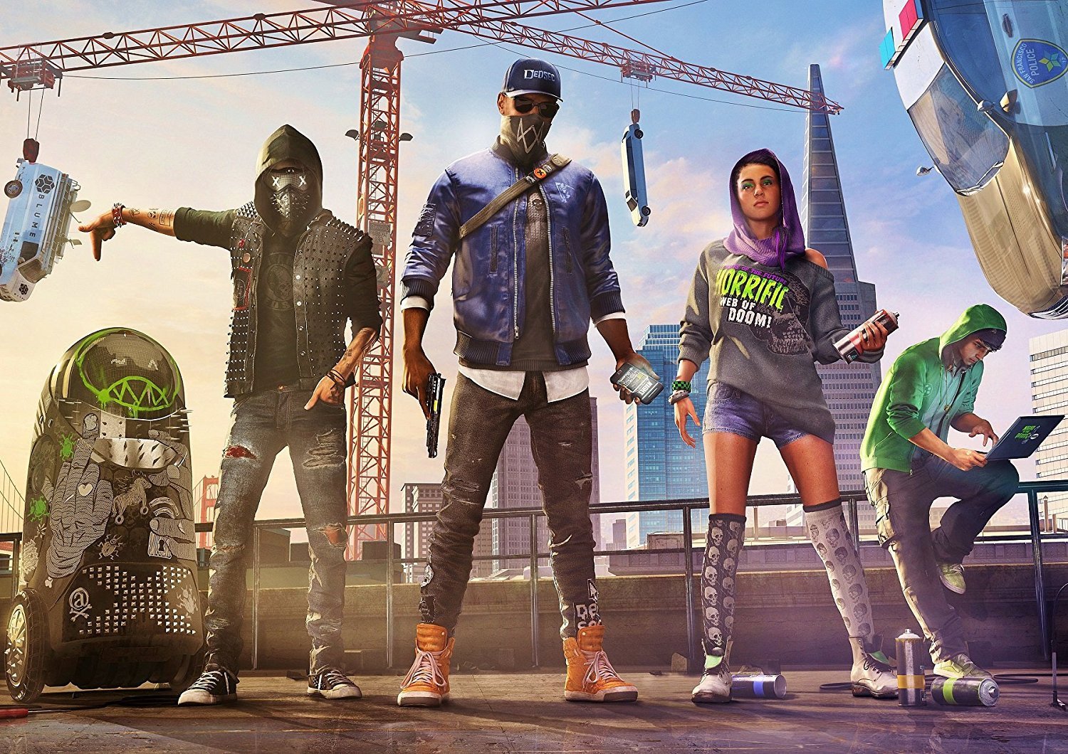 Marcus wearing his usual blue jacket combo with orange high top sneakers, a white belt, deadsec cap, and black face mask. His hacker teammates are standing beside him