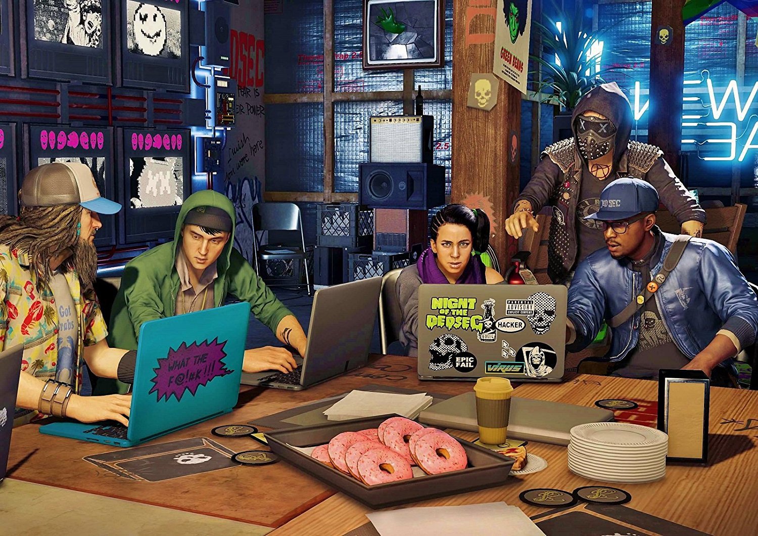 Marcus sitting on the right side of a table looking at a laptop with his DedSec teammates. There are pink frosted donuts on the table.
