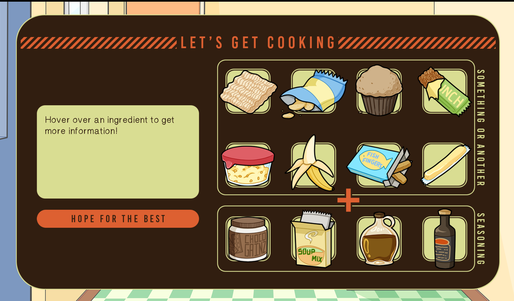 The game's cooking menu, showing all the ingredients that can be combined in the main character's pantry