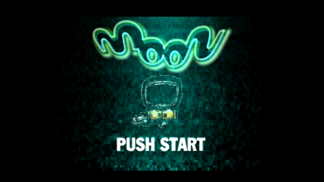 The title screen for Moon. The letters are in neon and there's a crtv on a table above push start written in white