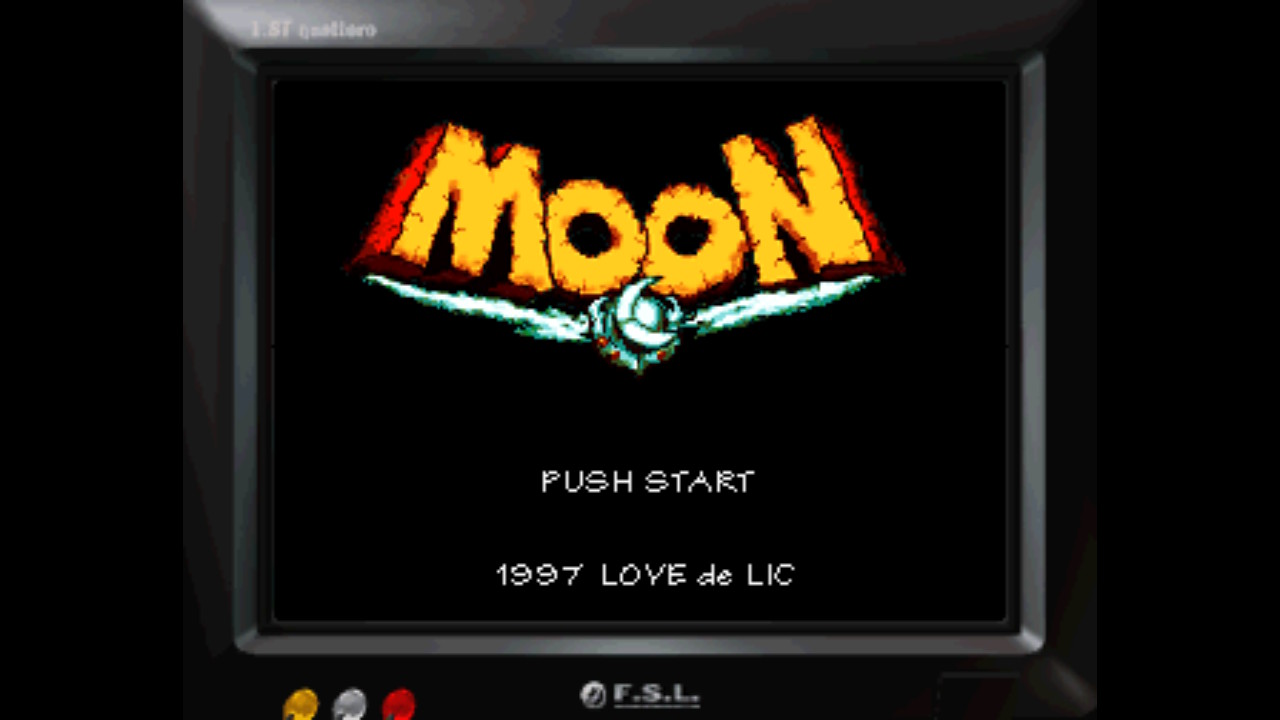 The second title screen for Moon. This time the logo is yellow outlined in red with a black background. The menu options are in white.