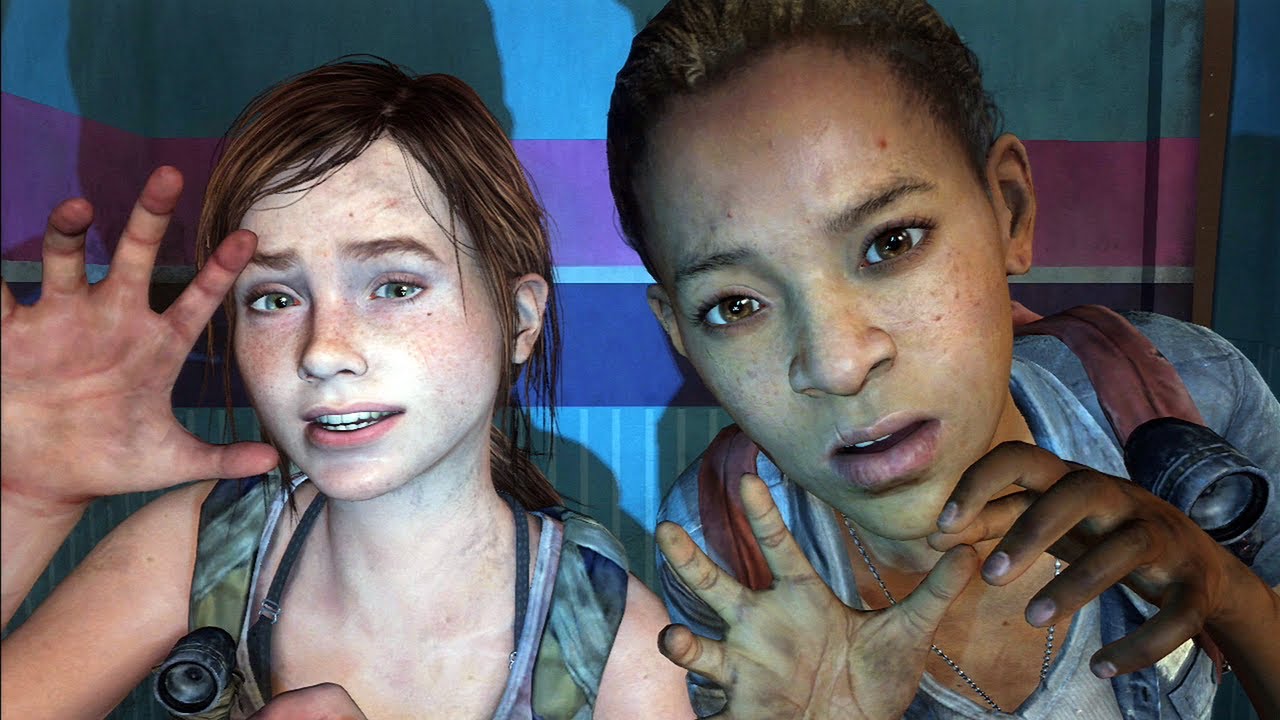 Riley and Ellie from The Last of Us: Left Behind. They're in a photo booth making goofy faces. Ellie is on the right and Riley is on the right