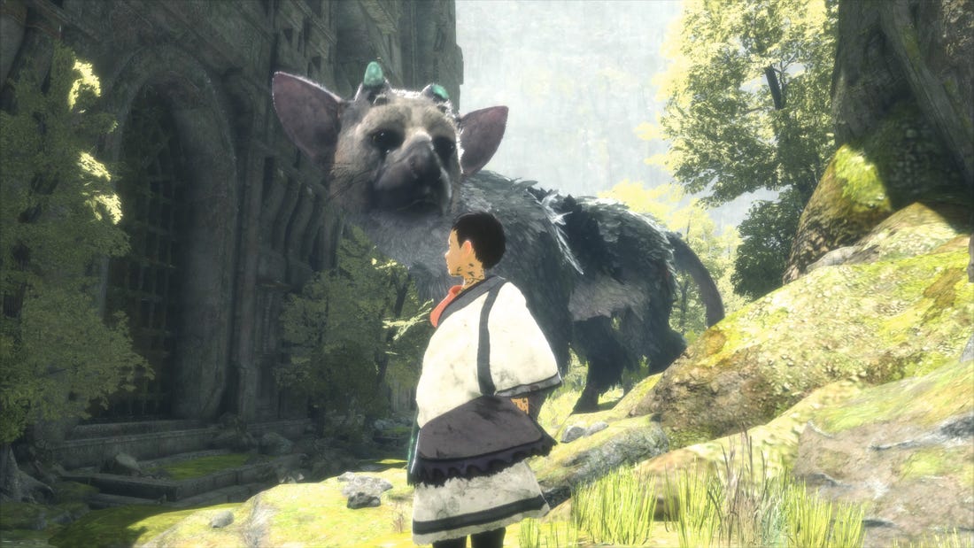 The main character from The Last Guardian standing in some ruins with Trico behind him.