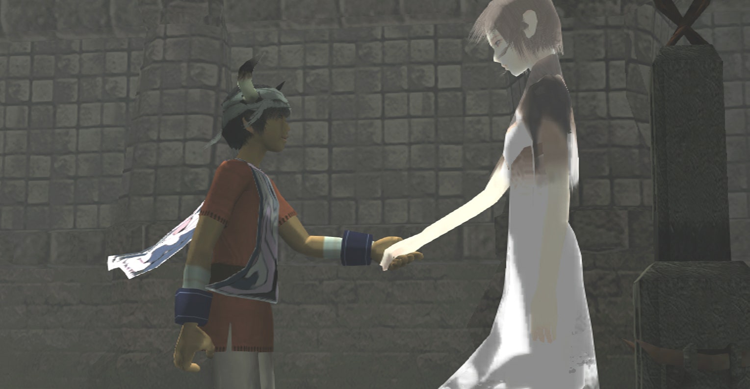 The two main characters from ICO holding hands