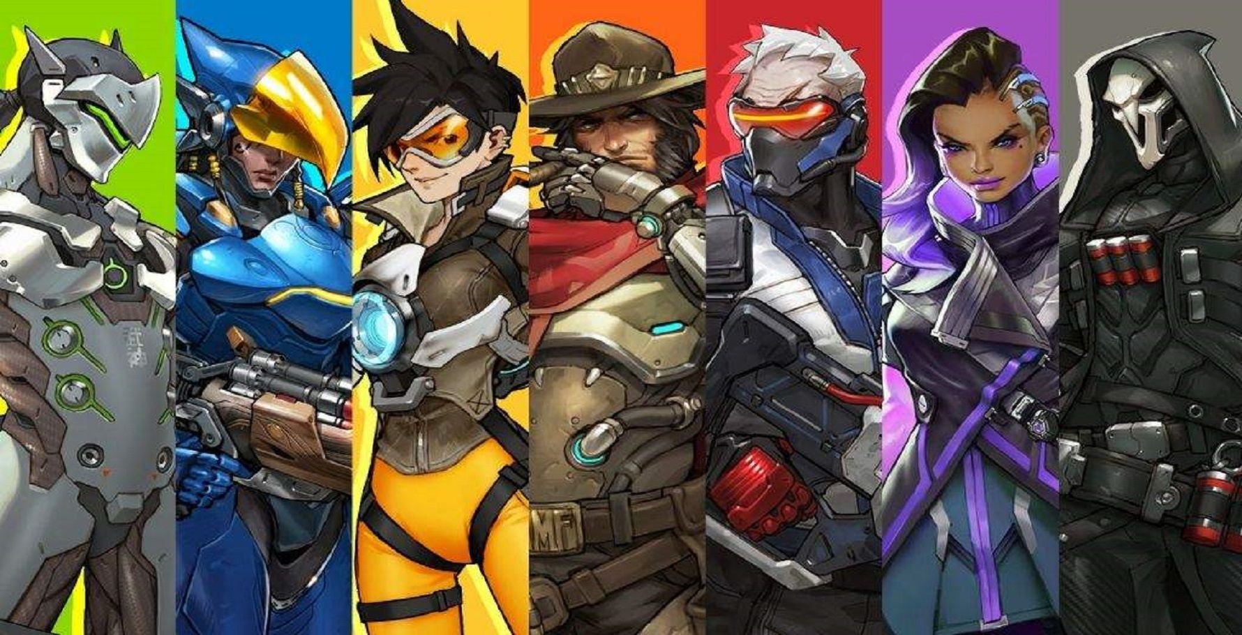 From left to right: Genji, Pharah, Tracer, McCree, Soldier 76, Sombra, Reaper