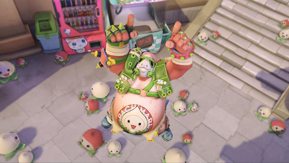 Roadhog, a large man in a pig mask in his pachi mari skin, standing near some stairs and pointing up to the sky