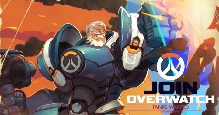 Illustration of Reinhardt with his helmet off in Overwatch armor holding up his shield. The caption says Join Overwatch Tanks Wanted