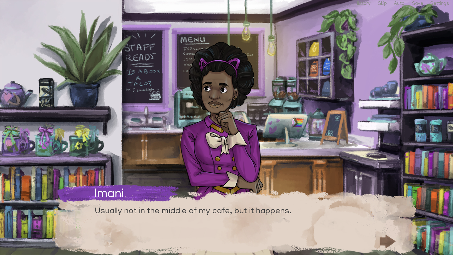 Imani, a black woman in a purple dress wearing cat ears saying usually not in the middle of my cafe, but it happens.