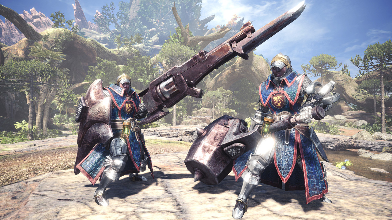 Two armored characters from Monster Hunter World posing with weapons