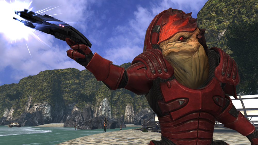 Wrex in his red armor standing on a beach pointing his gun to the viewer's left