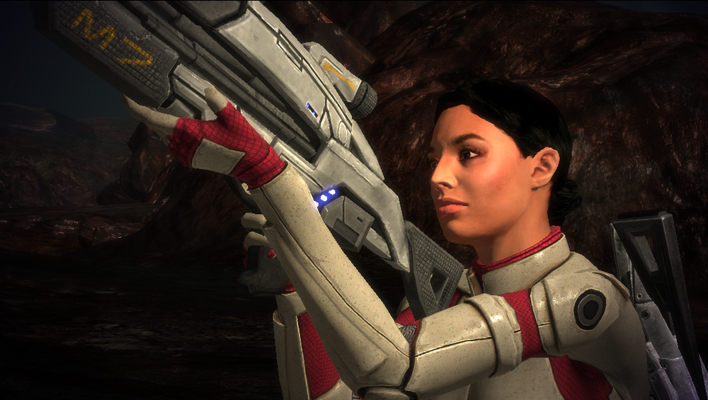 Ashley in her white and pink armor with no helmet looking and raising her gun to the viewer's left