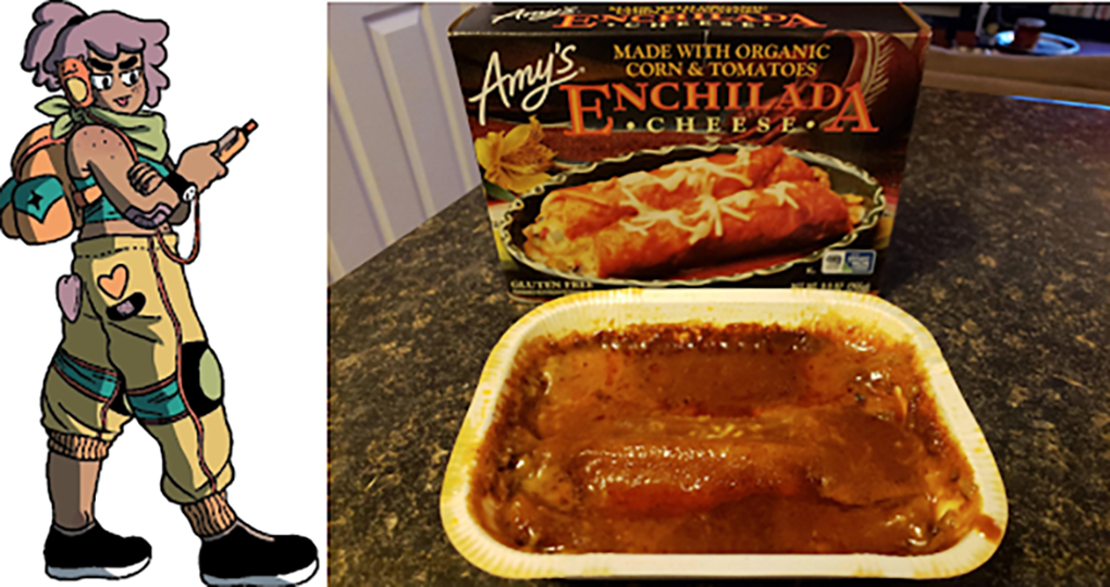 A picture of Lise and an Amy's frozen enchilada