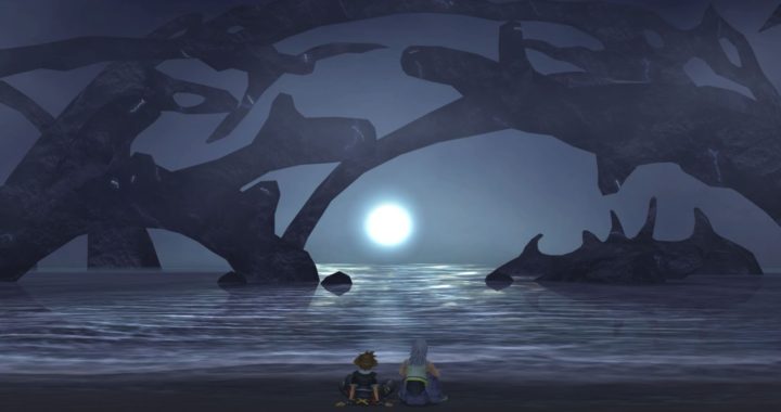 Sora and Riku from Kingdom Hearts 2 sitting on the beach in the realm of darkness