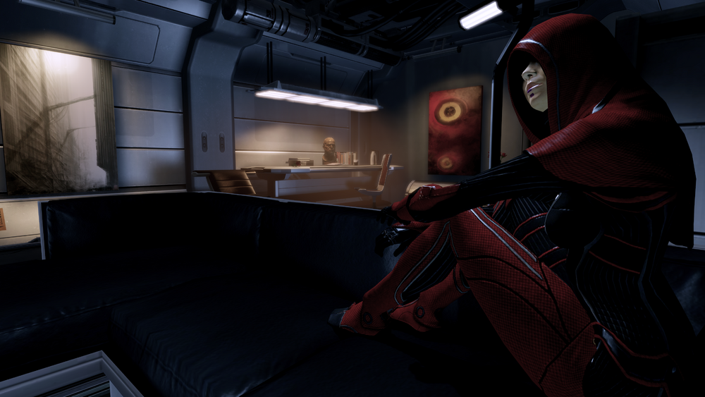 Kasumi sitting in her area of the ship with one arm balanced on her knee. She is wearing her red suit rather than the usual black one.