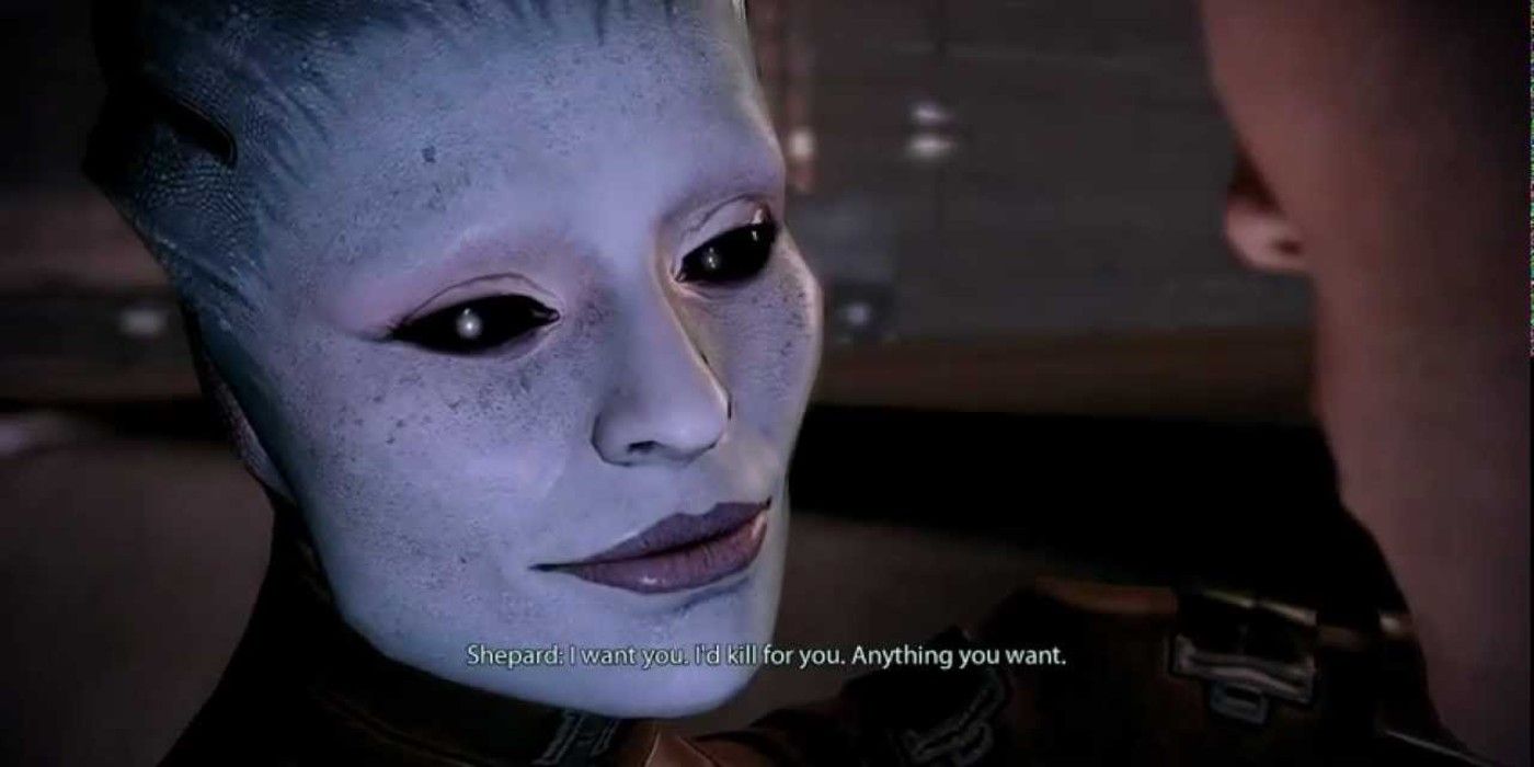 A close up of Morinth's face as she says "Shepard I want you. I'd kill for you. Anything you want."