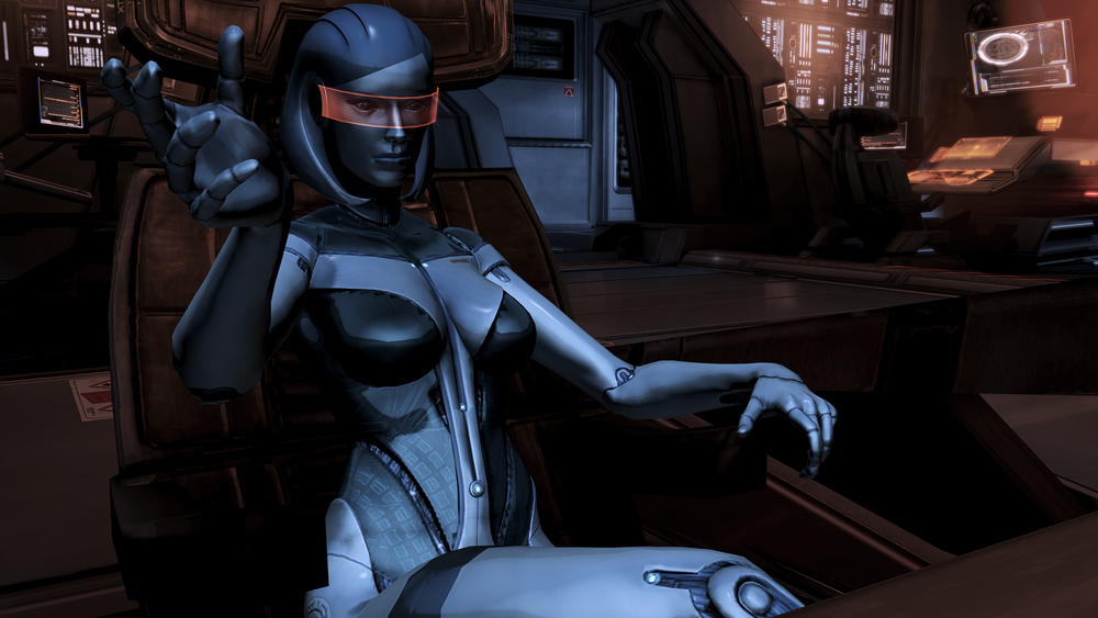 EDI sitting in her robot body moving her hands around
