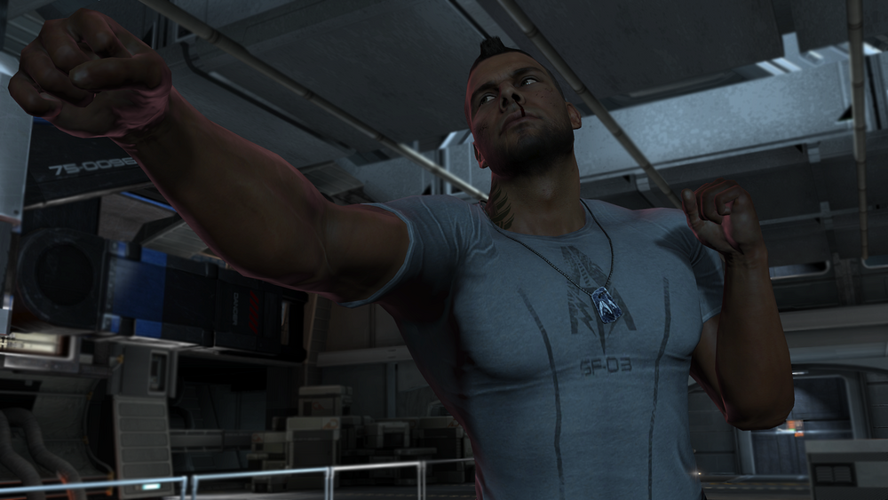 James Vega in an Alliance t-shirt and dog tags mid-punch facing the camera