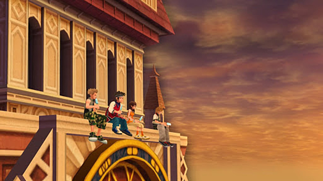 Roxas, Hayner, Olette, and Pence sitting on the Twilight Town clock tower eating ice cream