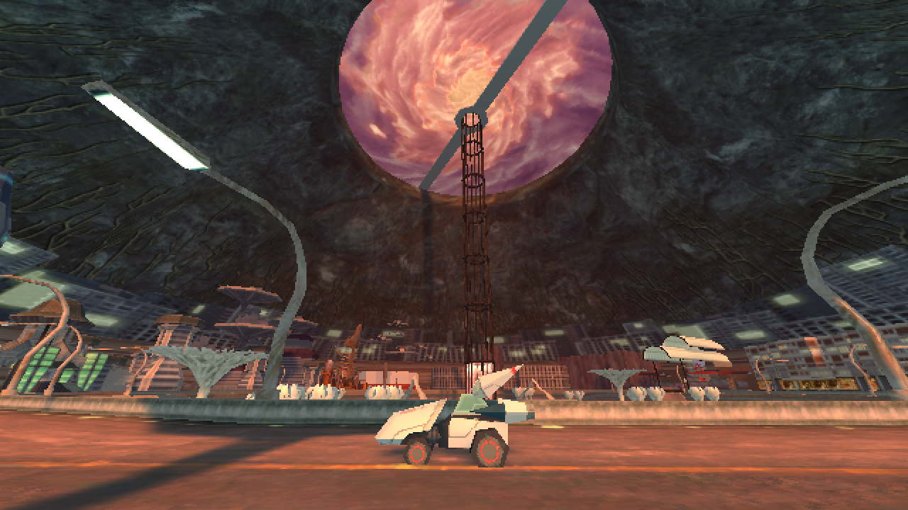 A screenshot of a vehicle driving down a street to the left while a big red vortex hangs in the sky