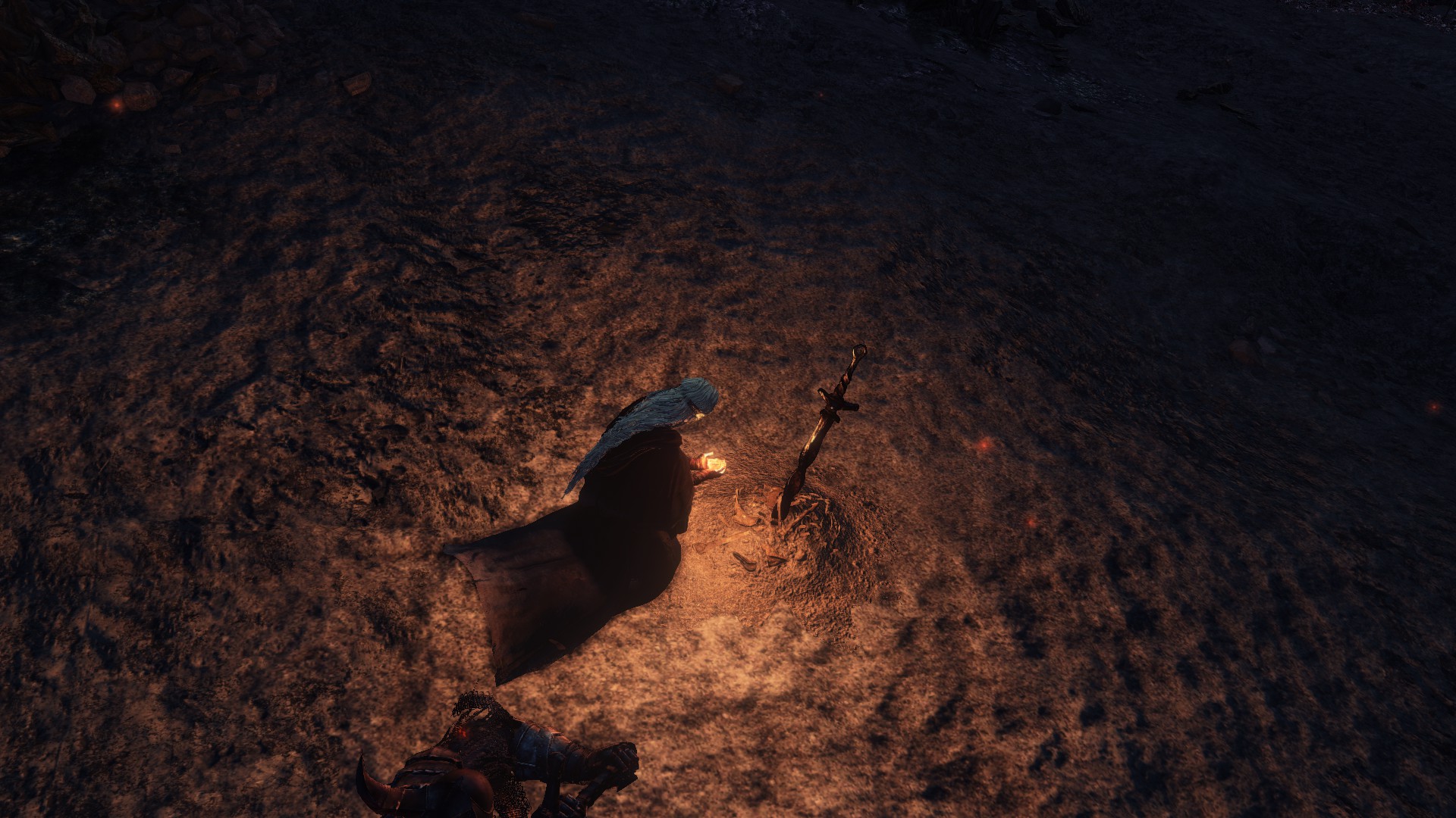 A screenshot of a Fire Keeper standing over a flame in Dark Souls from above and over their shoulder.