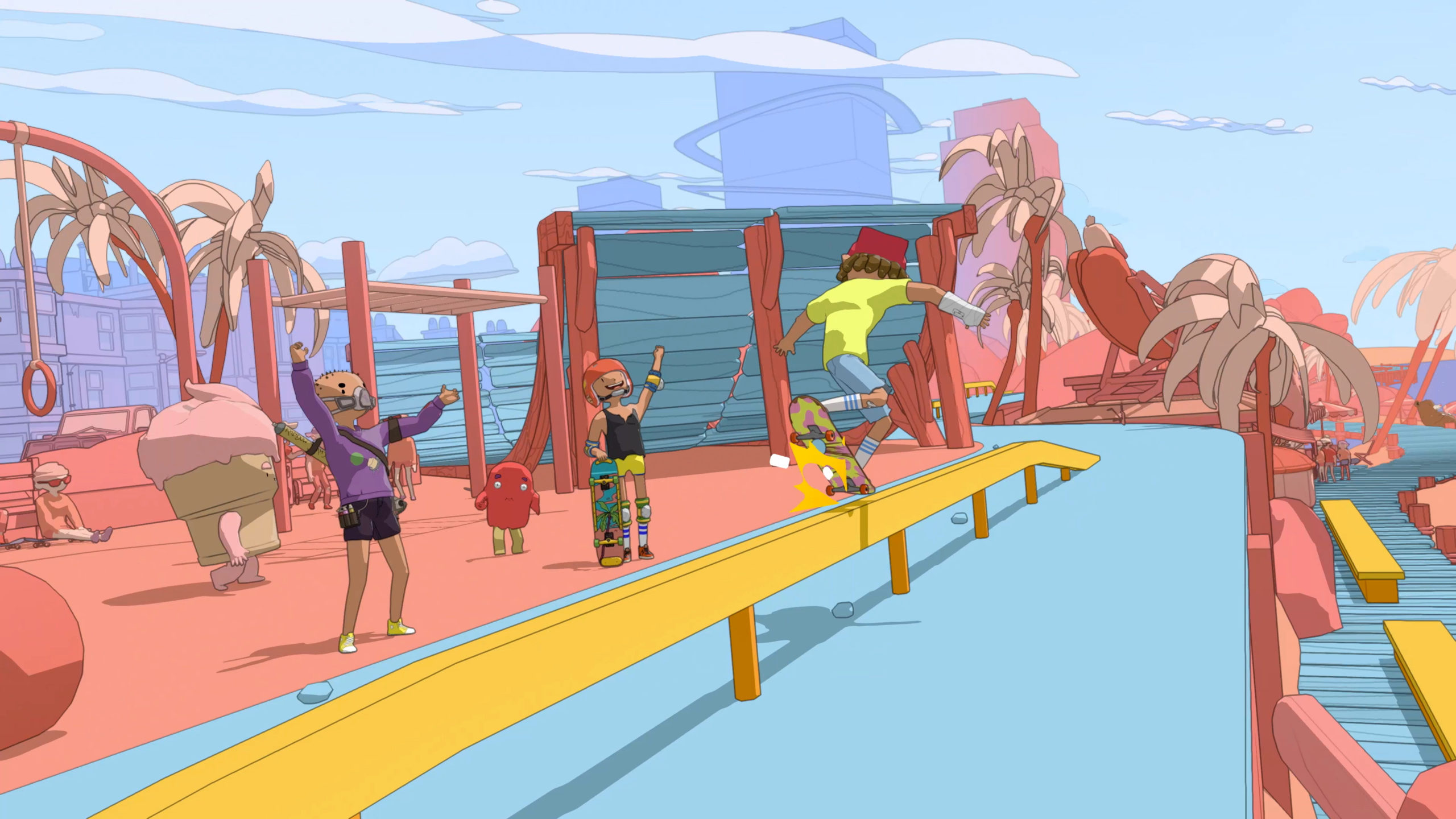 The player doing a grind on a rail while passerbys cheer