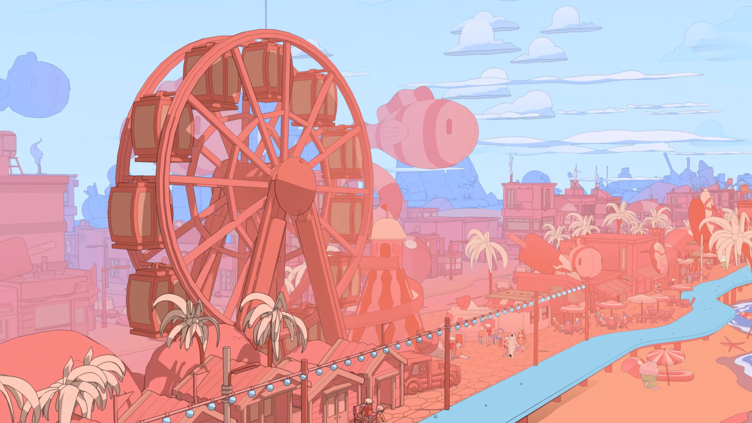 A screenshot of the landscape of the game's first area, a pinch beach area with a big ferris wheel