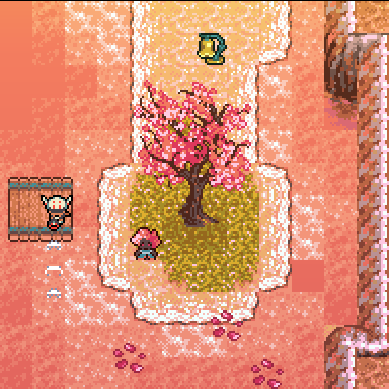 A screenshot of Anodyne 2 where Nova is walking in a pastel area with a large cherry blossom tree