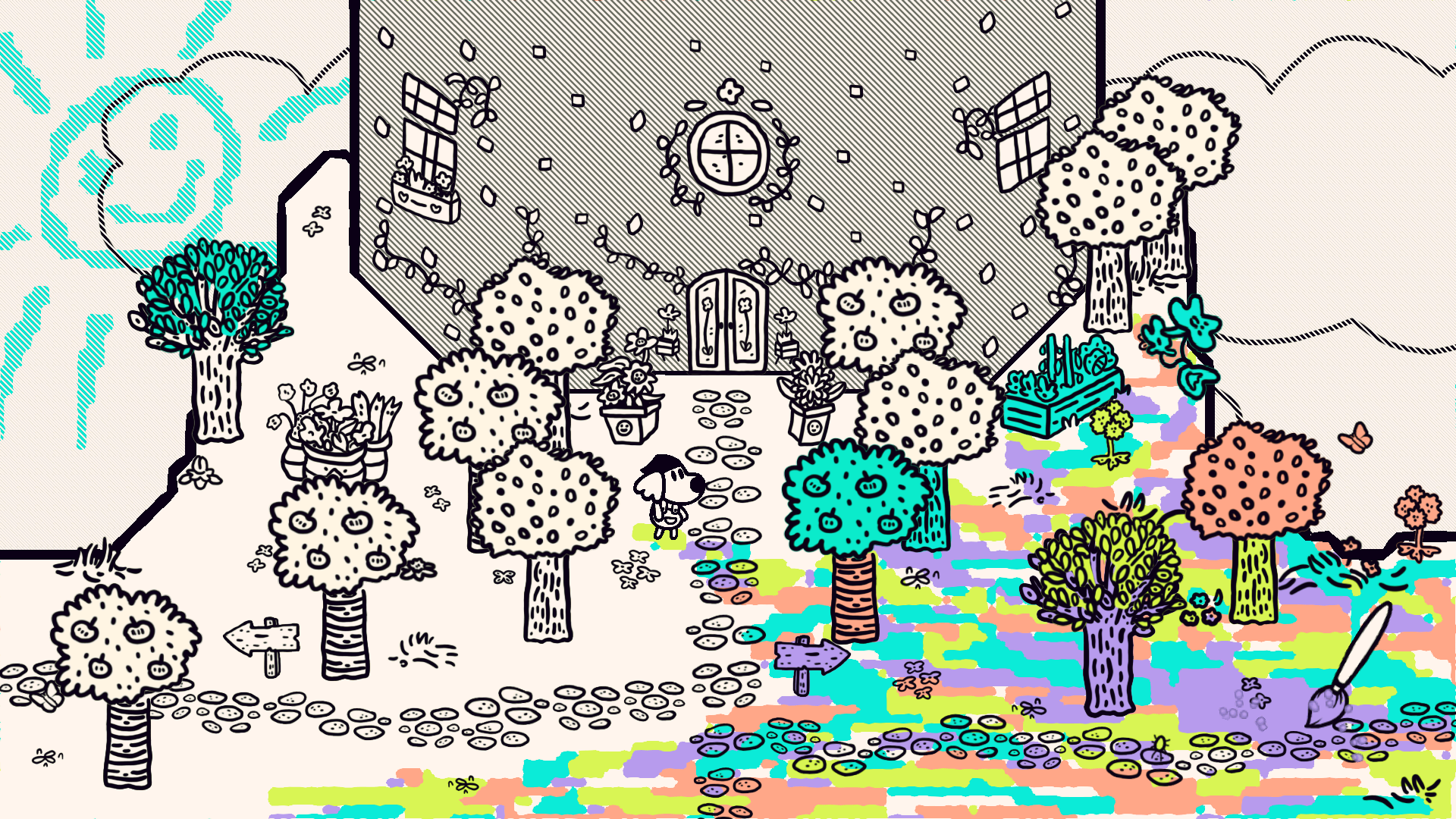A screenshot from Chicory in front of the Wielder Tower where the bottom portion is painted a bunch of different colors