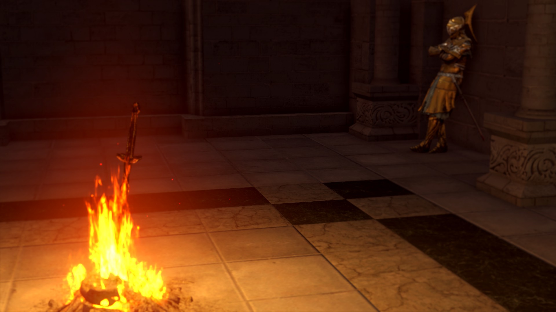 A bonfire in Dark Souls where a fire keeper is standing off to the right side leaning against a wall