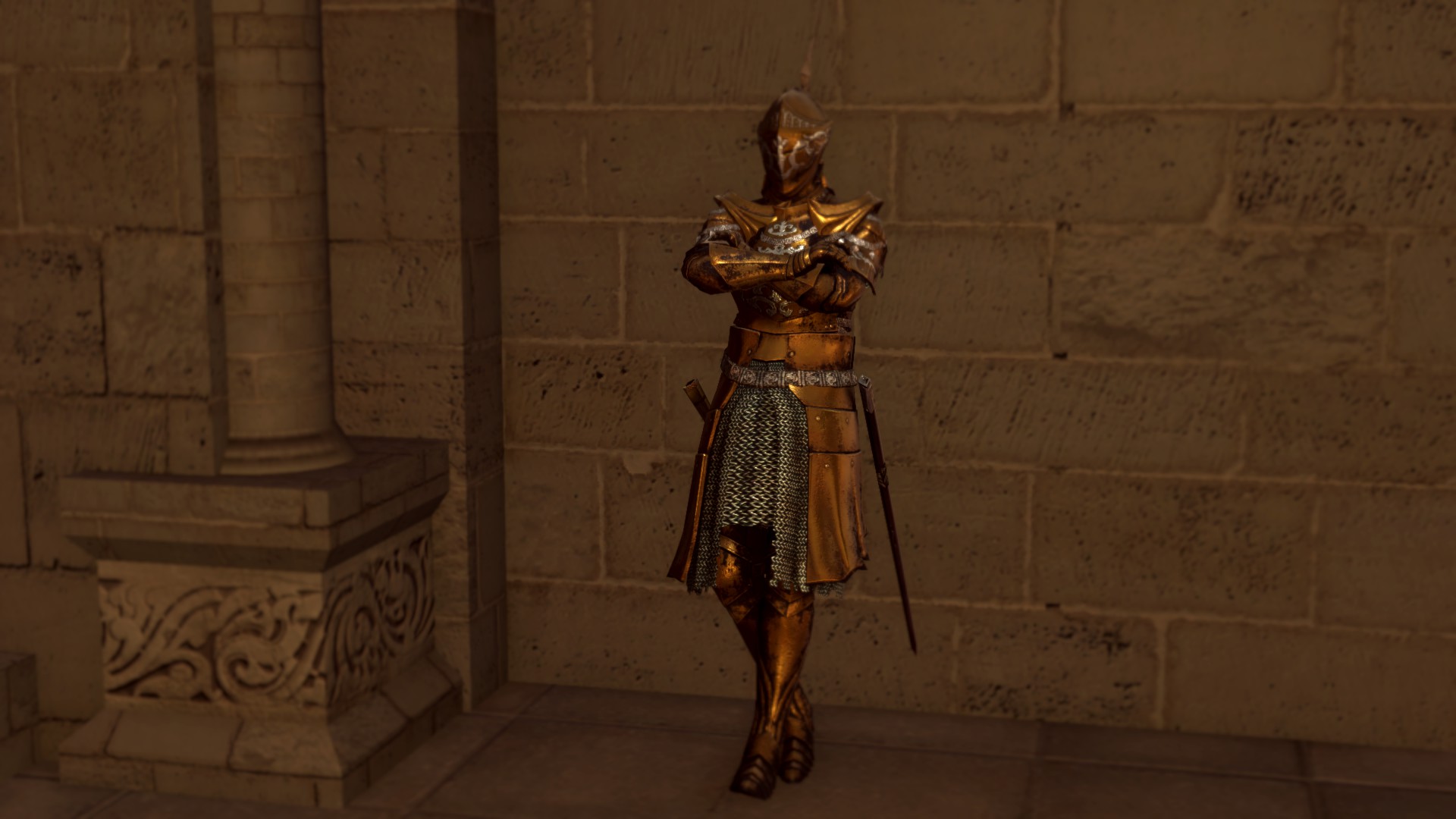 An armored figure with a sword standing against a wall, crossing their arms