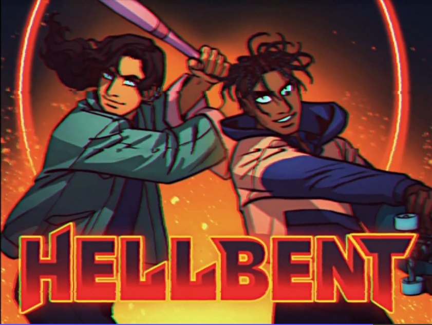 Title screen screenshot for Hellbent with the two main characters and title across the screen