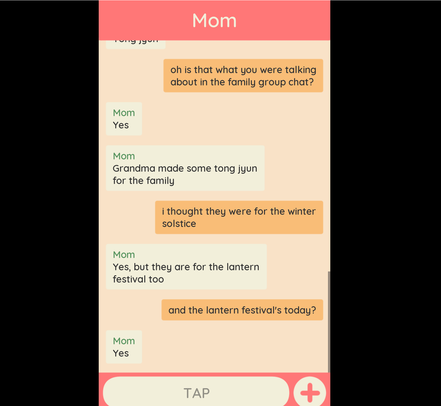 screenshot of in-game text messages about the tong jyun and lantern festival