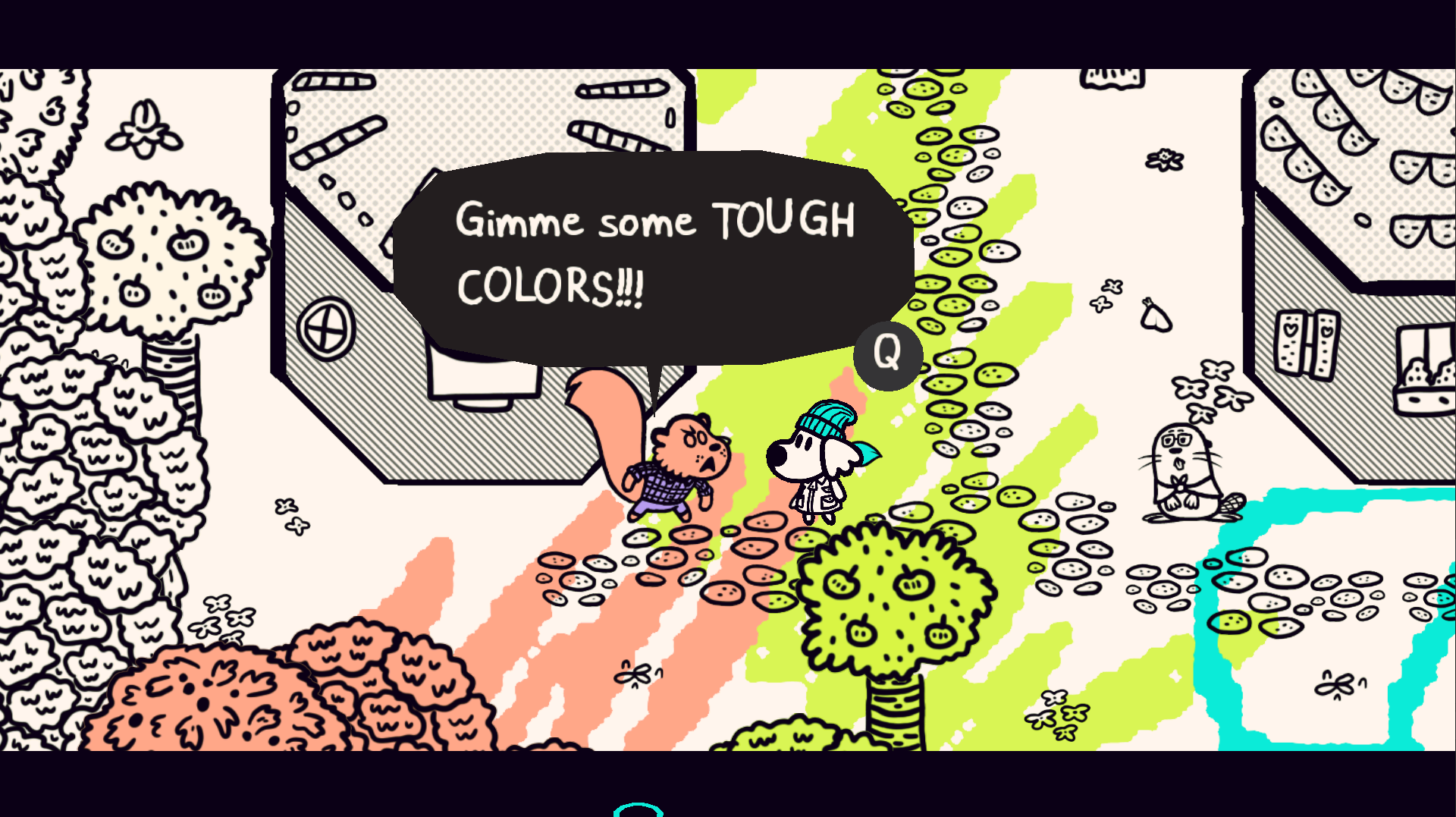 A screenshot from Chicory of a squirrel saying gimme some tough colors