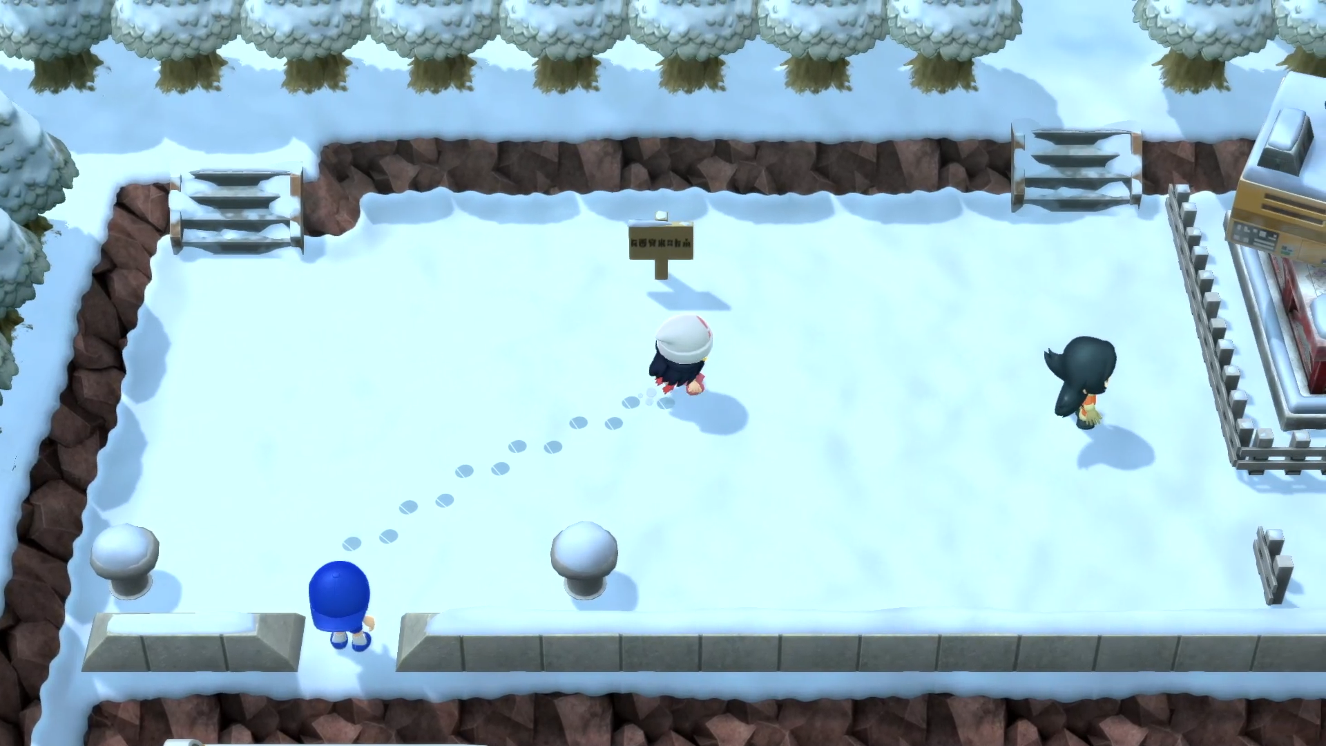 Screenshot from Brilliant Diamond in an icy area where the girl trainer and piplup are reading a sign