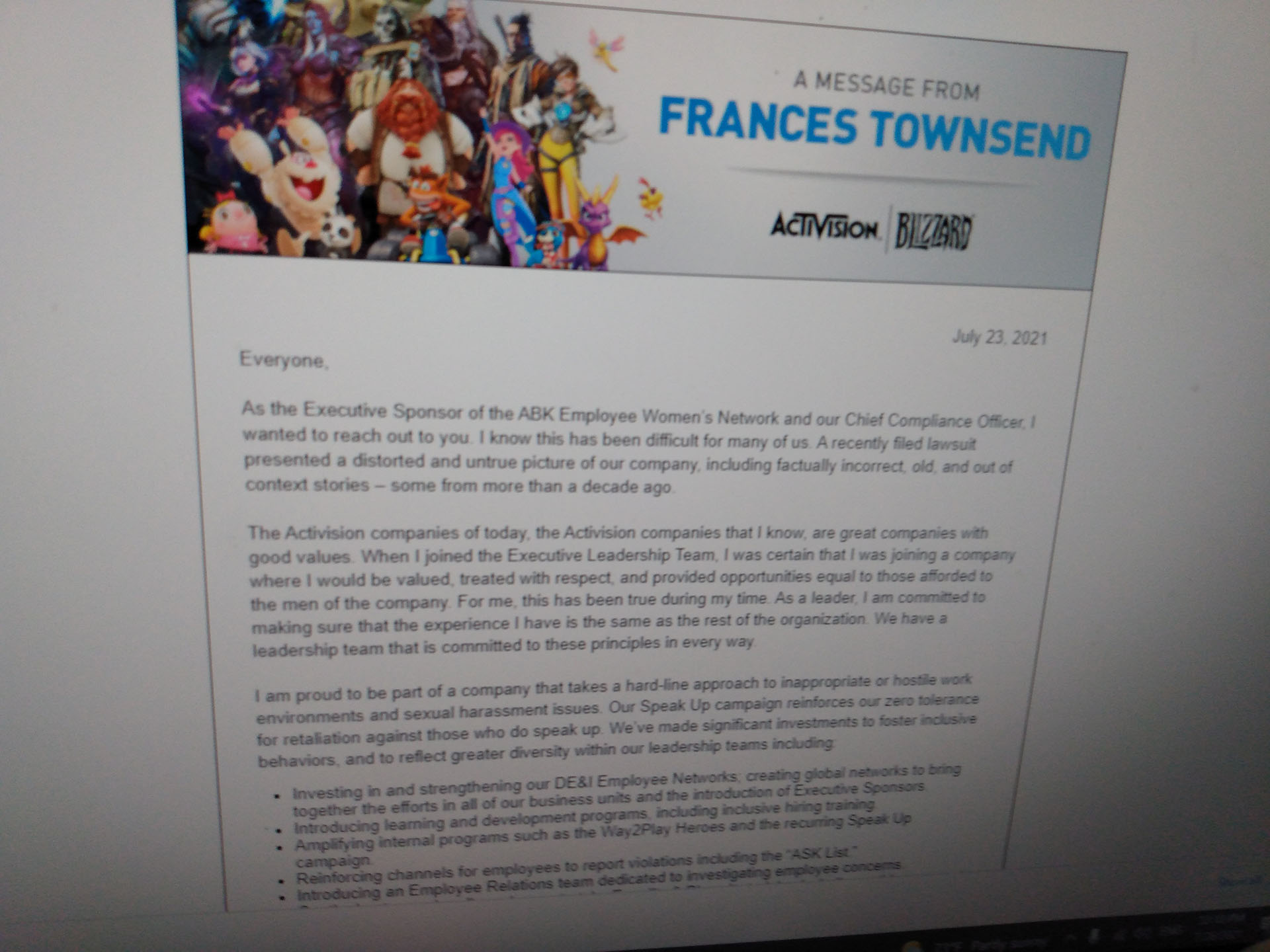 Photo of the email statement from Fran Townsend