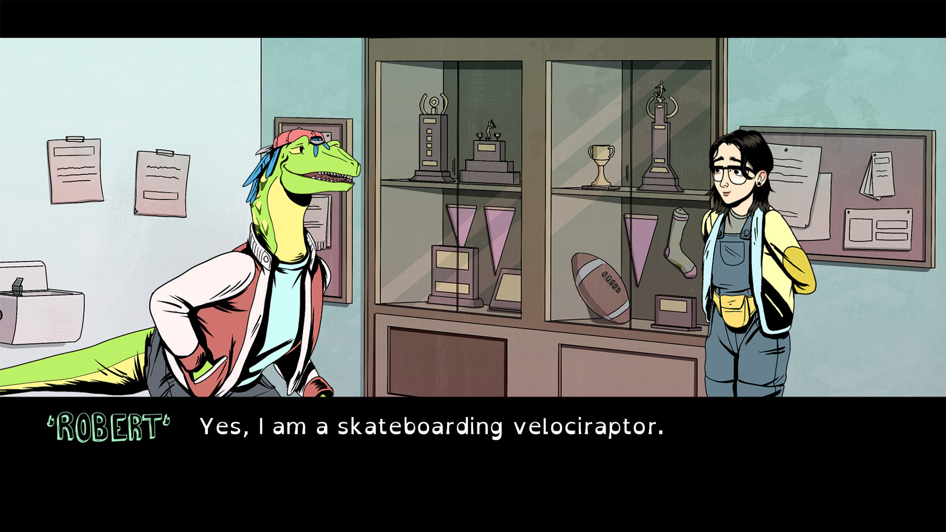 Screenshot of Robert talking to Stella saying "yes I am a skateboarding velociraptor"