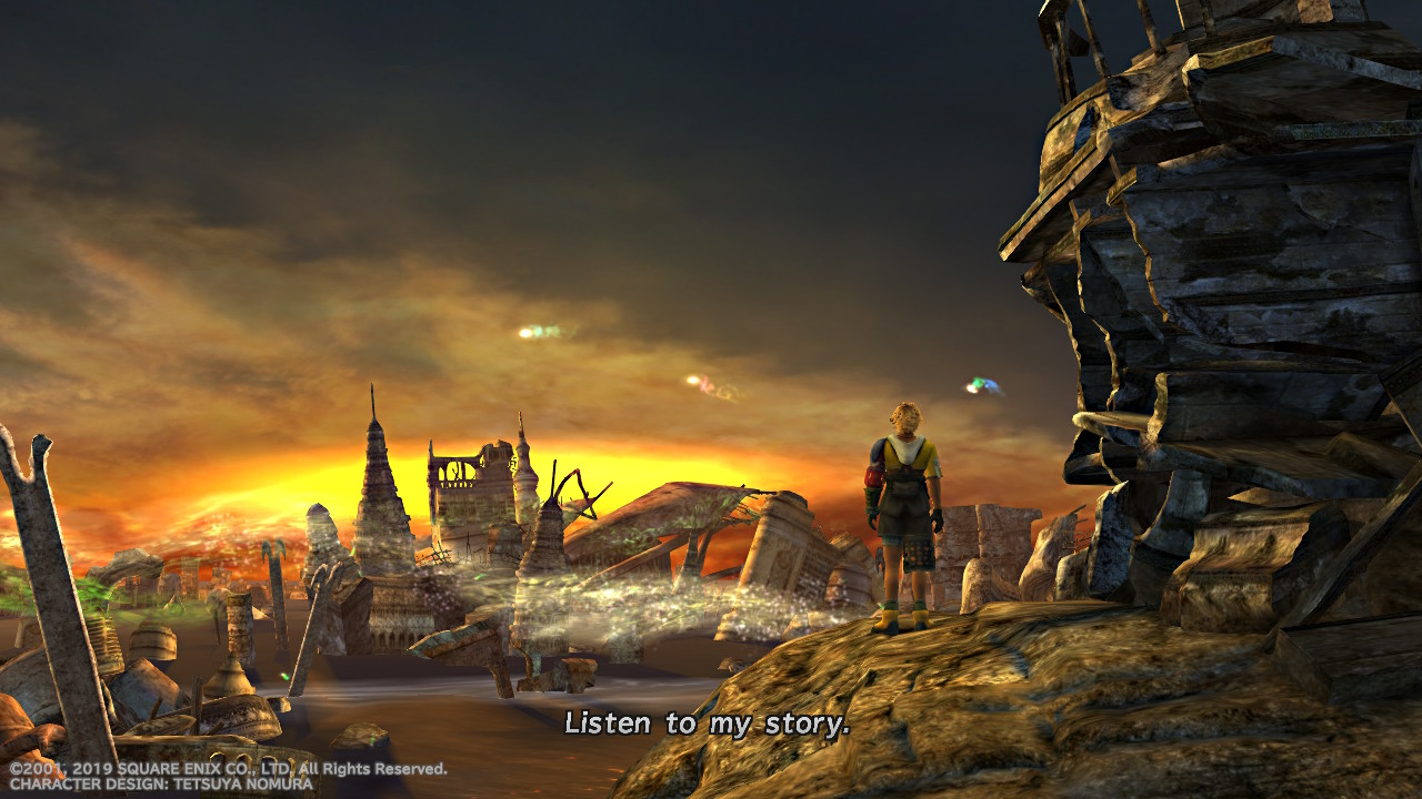 Tidus staring at the destroyed city with the sun on the horizon saying "Listen to my story"